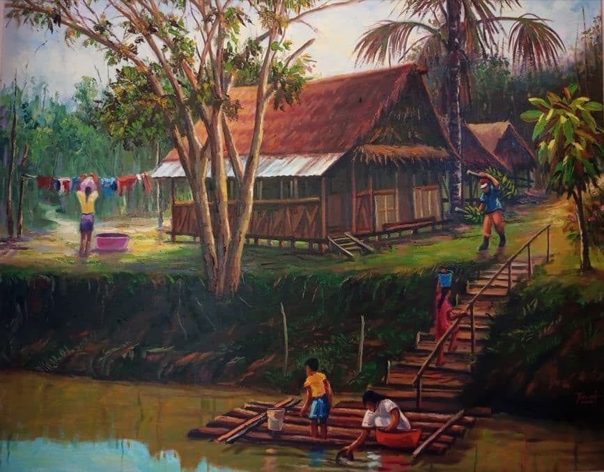 Pintura de Ricardo Rocha “Un pequeño paraíso en Barrio Florido”. Exposición Pictórica Bipersonal “Río: Visiones y Senderos”. Iquitos, Perú. Fuente Aaron Gabanes 08/08/2022