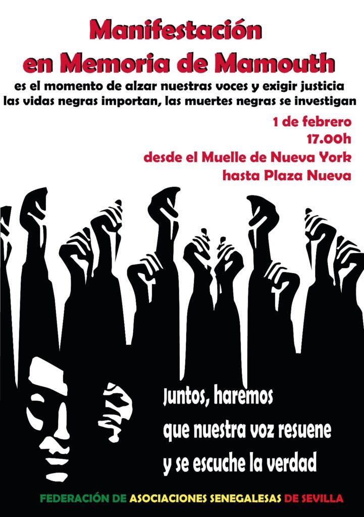 Manifestación por la memoria Mamouth Bakhoum y por los derechos humanos de las personas migrantes, 1 de febrero, muelle de Nueva York, sevilla