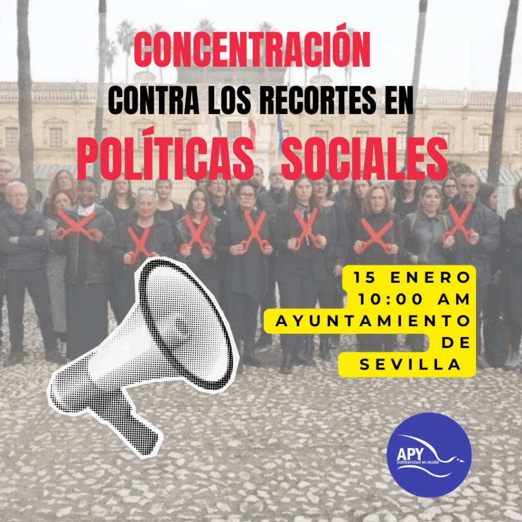 Cartel convocando a la concentración en el Ayuntamiento de Sevilla el 15 de enero, para protestar contra el recorte en políticas sociales